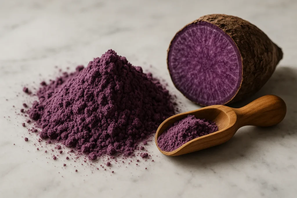 Fijn paars ube-poeder op marmer met een houten lepeltje en een halve paarse yam