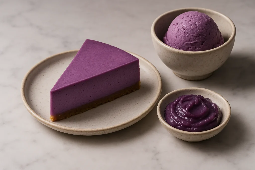 Ube cheesecake, ube-ijs en een schaaltje paarse ube halaya op marmer