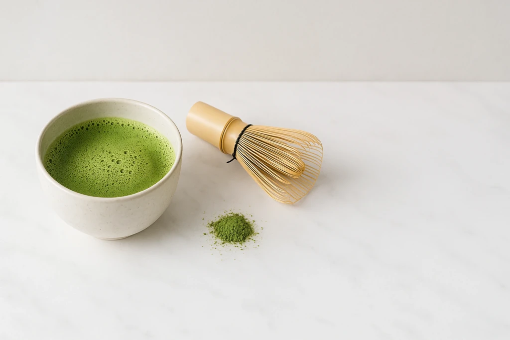 Kom versgeklopte felgroene matcha met schuimlaag naast een bamboe chasen en een hoopje matchapoeder op wit marmer
