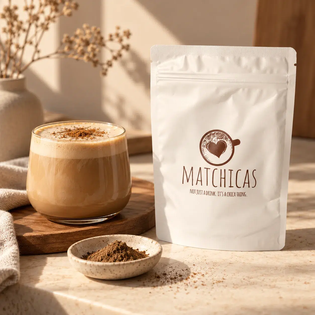 Glas hojicha latte op een houten plankje naast een zakje Matchicas hojicha poeder